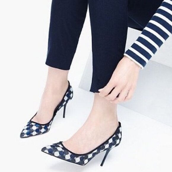 J. CREW COLLECTION 10.5 Elsie Polka Dot Mesh Stiletto Pumps Point Toe Navy Multi - Picture 2 of 11